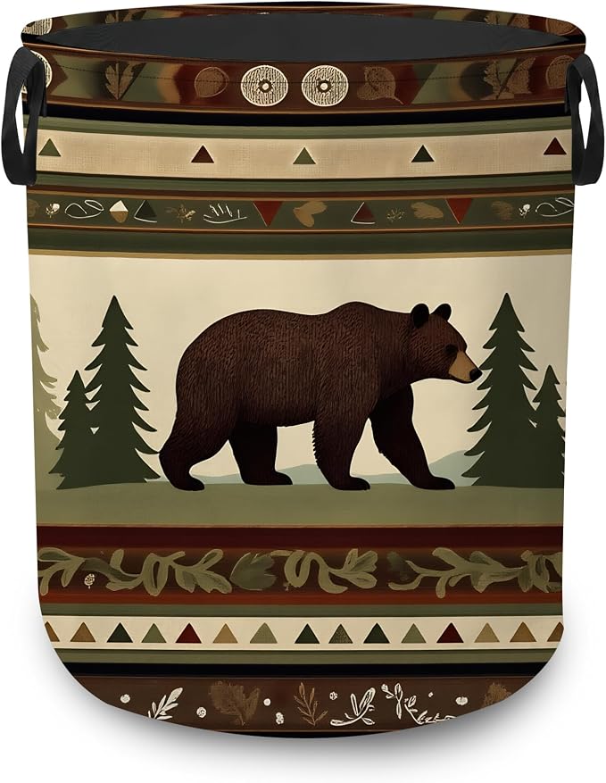 Laundry Hamper,Rustic Bear Forest Collapsible Laundry Basket with Handles,Lodge Cabin Waterproof Oxford Cloth Clothes Organizer for Bedroom Bathroom Dorm Nursery,16 x 20 Inch