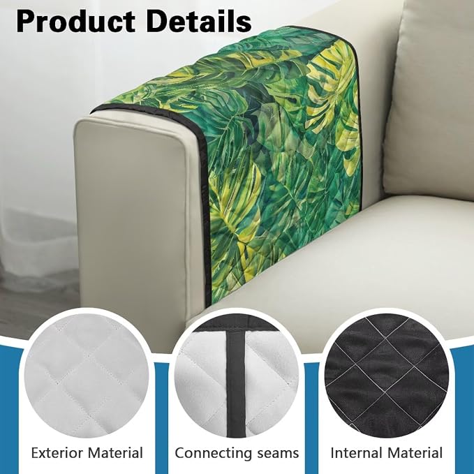 Palm Leaf Stretch Sofa Armrest Covers Arm Cover for Chairs Anti-Slip Couch Armrest Covers with 2 Pockets Furniture Armrests Protector for Sofa Couch Chair Recliner