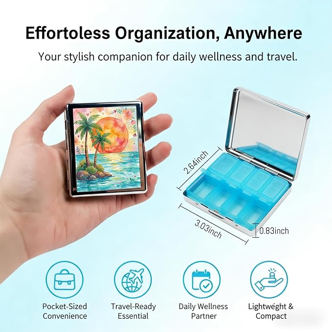 Weekly Pill Organizer, Metal Pill Box with 8 Compartments, Small Travel Pill Case for Purse Pocket, Medicine Vitamin Supplement Organizer (Sunset Palms)