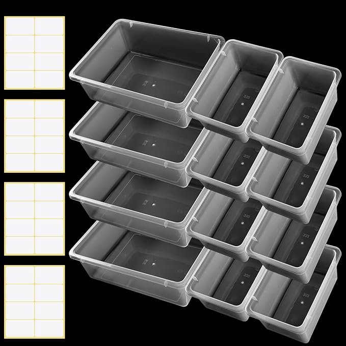 Zonon 12 Pcs Plastic Cubby Bins Office Storage Container Storage Bins Plastic Organization with 1 Pack Self Adhesive Label for Library Office Home Nursery(Clear)