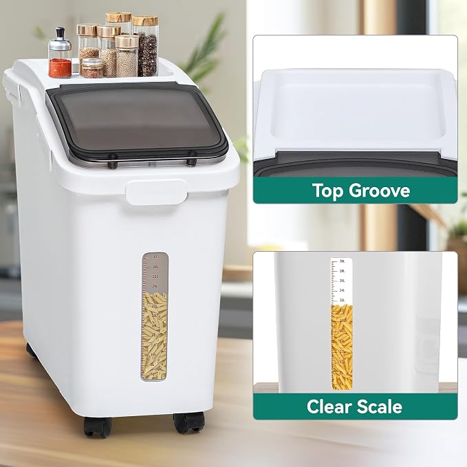 YITAHOME 65L/117lbs Rice Storage Bins, 11.4+5.8 Gal Rice Flour Storage Container with Measuring Cup,BPA Free,Scoop and Wheels for Kitchen| Flour| Pet Food| Grain,2 Counts,White & Black Lid