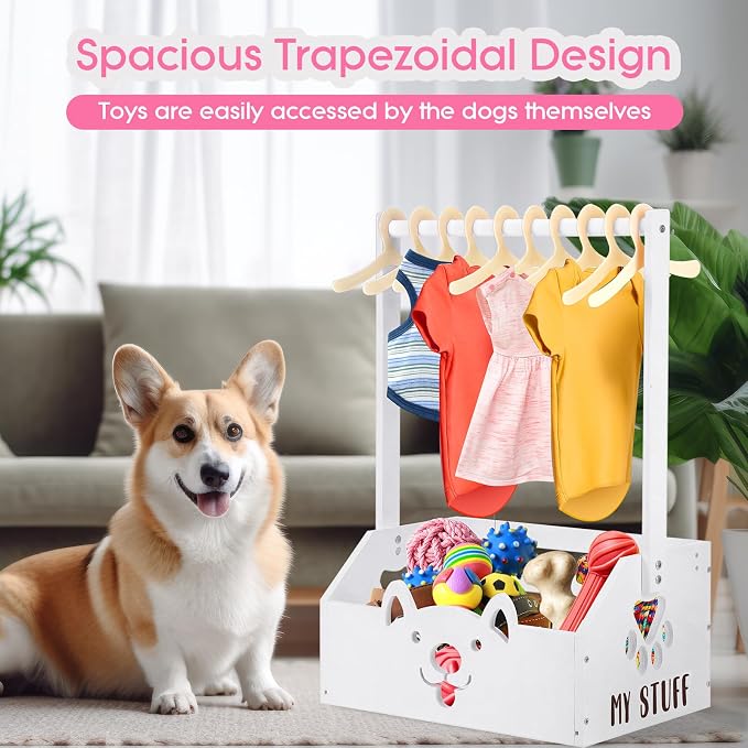 Chunful Dog Closet Wardrobe, Storage Bin, 5 Hangers, Wooden,White | Organize Pet Clothes and Toys, For Small Dogs and Cats, Includes Wardrobe Rack and Storage Box, Natural Wood, 19"x13"x9"