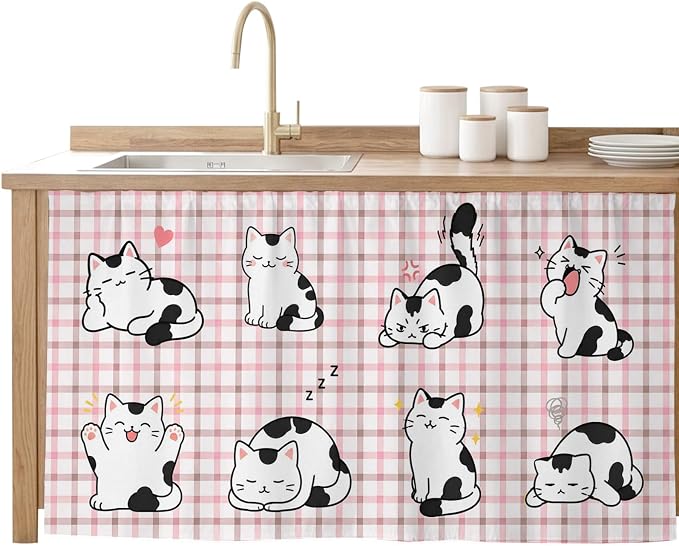 Cute Cat Cabinet Curtains 28"x51" Sink Skirt for Bathroom Kitchen, Modern Playful Pet Cats Pink Brown Plaid Self Stick Adhesive Under Desk Covers Tall Laundry Cabinet Storage Organizer