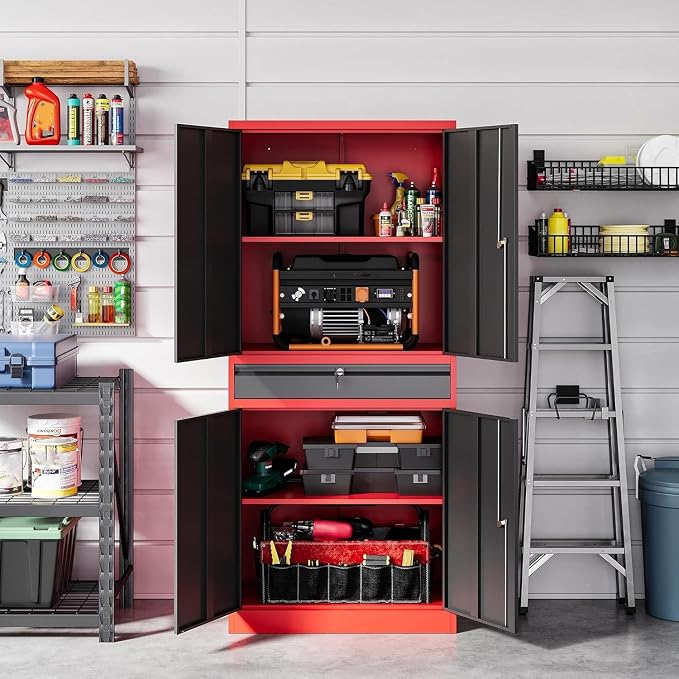Metal Garage Storage Cabinet with Drawer,4 Door Tool Cabinet with Adjustable Shelves for Garage Home Office Utility Room (Red)