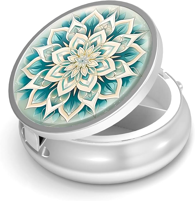 Pill Box-3 Compartment Small Pill Case for Purse & Pocket Mini Metal Pill Holder Travel Pill Container to Hold Supplements Vitamins BPA-Free (Green Mandala)