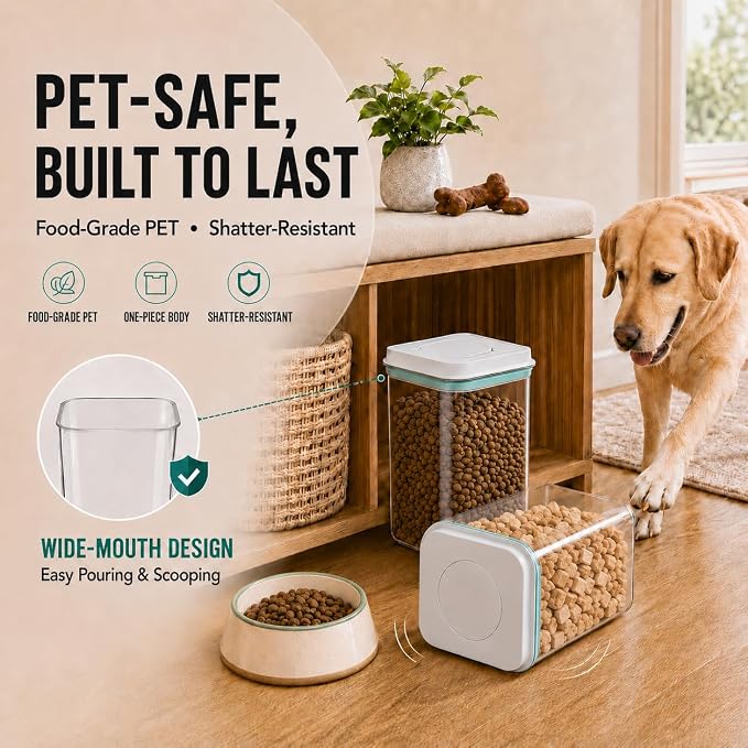4.2 Qt Airtight Dog Food Storage Container with Scoop, Pop Lid | Includes a 130 ml scoop; clear, stackable BPA-free canister with one-touch pop lid for dry dog kibble, cat food and treats.
