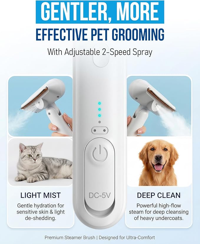 Spray Deshedding Brush for Cats & Dogs, 2-in-1 Mist Grooming Tool with Undercoat Removal, Anti-Static Pet Hair Remover, Gentle Stainless Steel Comb, No Flying Fur, Self Cleaning