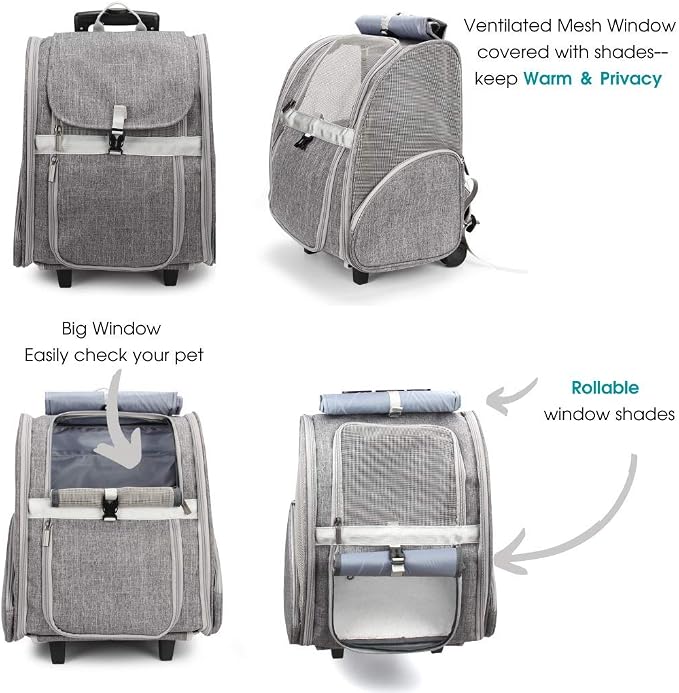 Pet Rolling Carrier, Dog Backpack with Wheels,Cats,Puppies Travel Bag with Wheels,Dog Trolley(Grey)