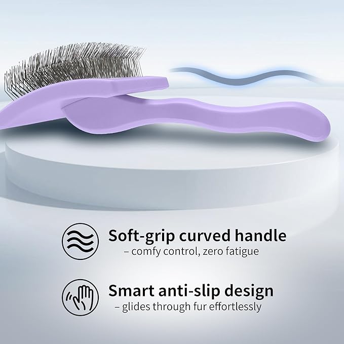 Pet Slicker Brush for Long & Short Hair - Detangling Tool for Dogs & Cats - 135° Angled Stainless Steel Pins, Curved Handle - Gentle Grooming for Small/Medium/Large Breeds (Lavender)