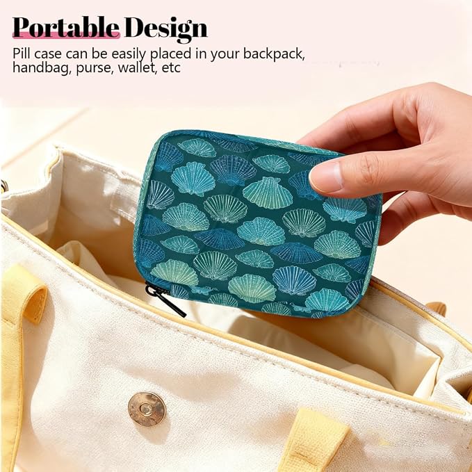 Travel Pill Organizer Blue Teal Shell Starfish Pattern Pill Case