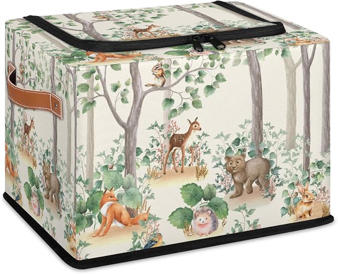 Woodland Wildlife Storage Basket - Cute Animals Party Bin Collapsible Organizer with Zipper Lid, Kid Rectangular Decorative Box with Handles, Nursery Toy Organization for Kids Bedroom Decor, 24L