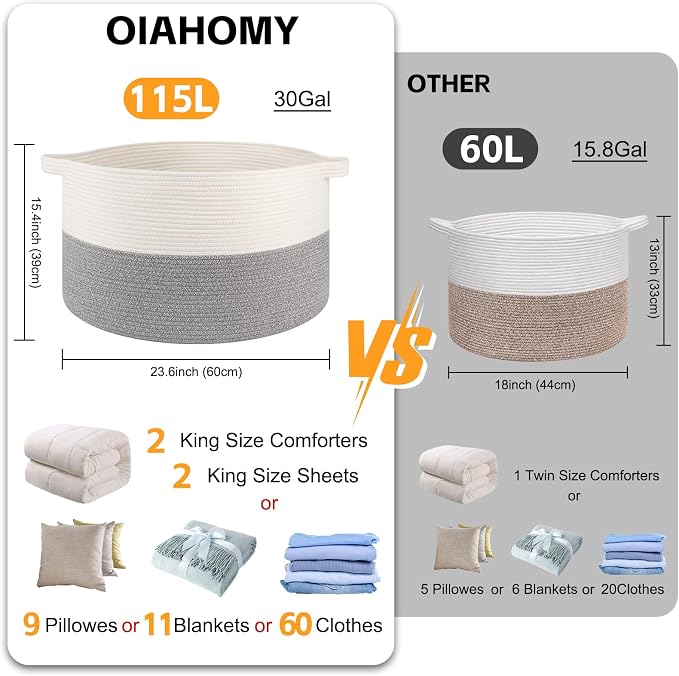 OIAHOMY 115L Extra Large Blanket Basket for Living Room, 23.6" x 15.4" Woven Cotton Rope Laundry Basket for Organizing Pillows, Decorative Stuffed Animal Toy Storage for Nursery, White and Light Grey