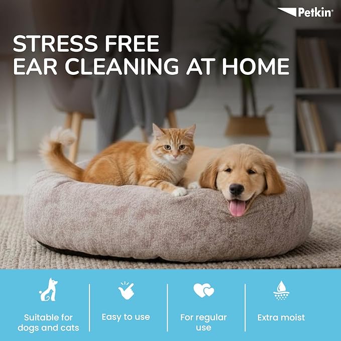 Petkin Jumbo Pet Ear Wipes, 80 Extra Moist Wipes - Soothing & Deodorizing Pet Ear Cleaner to Remove Dirt, Odor, & Wax - Safe, Convenient, & Easy to Use Pet Wipes for Dogs, Cats, Puppies & Kittens