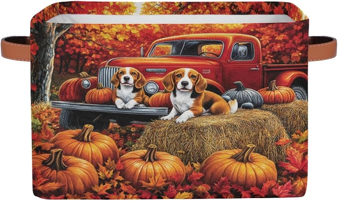 Autumn Truck Dogs Storage Bins Theme Storage Nursery Baskets with Handle Closet Collapsible Organizer Shelf Boxes for Book Cloth 15¡Á11¡Á9.5 IN