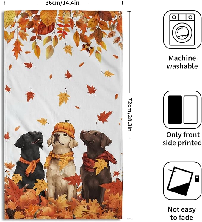 Giwawa Fall Dog Towel Set of 2, Autumn Pumpkins Orange Maple Leaves Funny Puppy Decorative Hand Towels, Thanksgiving Harvest Soft Face Towel Washcloth for Bathroom Guest Gym Spa Hotel Home