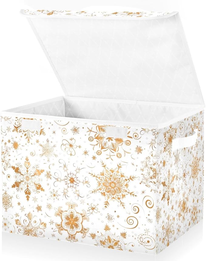 senya Christmas Baskets Collapsible Storage Bins with Lids, Seamless Gold White Snowflakes Storage Boxes Clothes Baskets for Organizing