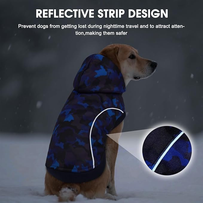 IECOii Camo Dog Hoodie Fleece Lined Dog Sweatshirt Pullover with Leash Hole and Reflective Stripes, Windproof Warm Hoodie for Medium Dogs Girl Boy, Fall Winter Outdoor Pet Hoodies, Blue Camo, XL