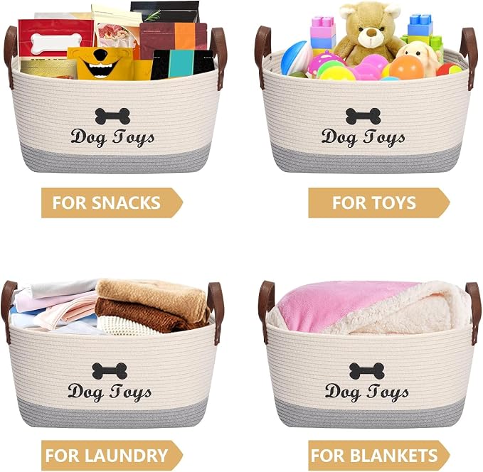 Large Dog Toy Basket, 100% Cotton Rope Dog Toy Storage Bin-Beige ﻿ ﻿ | Dog Toy Box for Livingroom Area with Handle for organizing Pet toys,Blankets,Leashes,Pee Mats and Diapers-16.5"x10.6"x 7.5"
