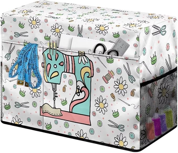 Sewing Machine Cover with Storage Pockets,Dust & Pet Hair Protection,Fits Standard Singer, Brother and Janome Machines, Protecting & Decorating Your Sewing Space Sewing Flower(White)