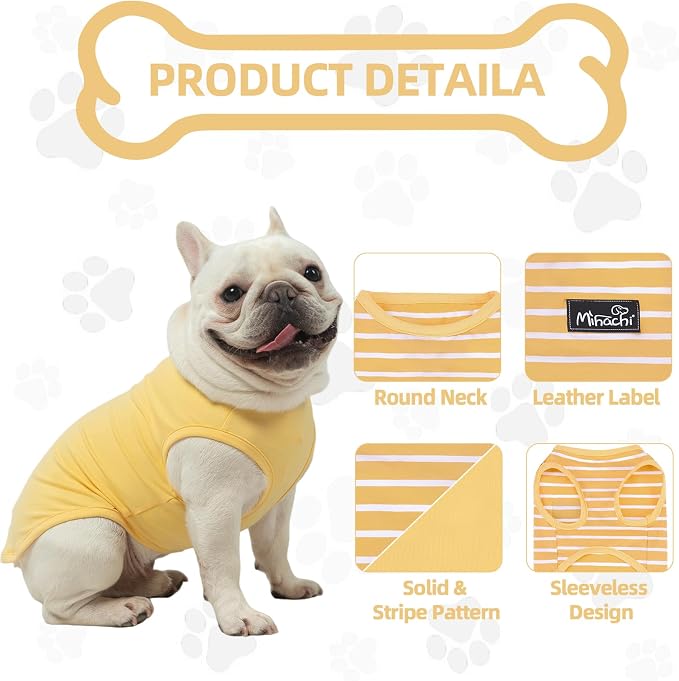 MIHACHI Dog Shirts Cotton Striped T-Shirt, Summer Pet Clothes for Small Dogs, 2-Pack Soft Puppy Apparel Cat Tee, Sleeveless Lightweight, Quick Dry, Breathable,Stretchy, Yellow M
