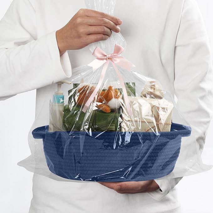 Dark Blue Small Woven Basket, 13” x 9” x 5” Baskets for Gifts Empty, Cotton Rope Gift Basket, Cute Nursery Baby Organizer, Cat Dog Toy Box, Oval Wicker Storage Bin with Handle