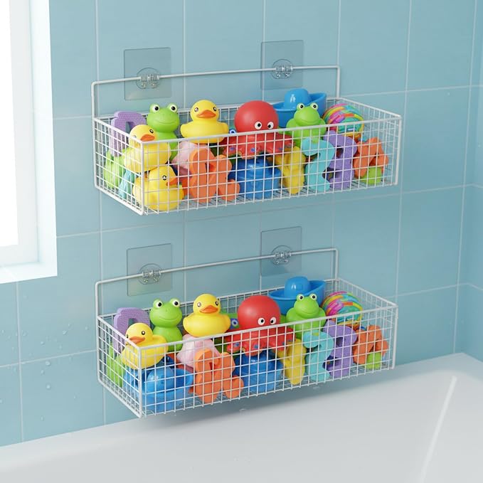 Bath Toy Storage, 2 Pack Metal Mesh Bath Toys Organizer for Bathtub Wall & Shower, Large Capacity Shower Toys Holder with Rustproof Hanging Basket Design for Restroom, Toilet, Bathroom, Kitchen-White
