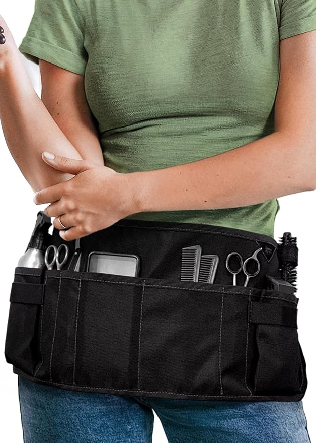 Under NY Sky Salon Waist Apron, 9 Pockets, 3 Loops, Hair Cut Belt, Black | Oxford Canvas Resists Liquids, Chemicals, Dye. Holster for Shears, Brush, Trimmer. For Hair Stylists, Makeup Artists, Barbers