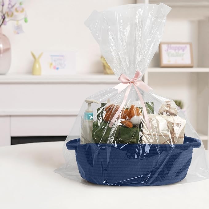 Dark Blue Small Woven Basket, 13” x 9” x 5” Baskets for Gifts Empty, Cotton Rope Gift Basket, Cute Nursery Baby Organizer, Cat Dog Toy Box, Oval Wicker Storage Bin with Handle