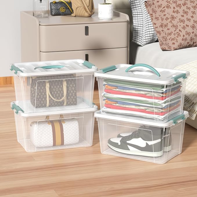 8-Pack 14 Quart Stackable Storage Bin, Plastic Box with Handle | Clear Plastic Containers for Pantry, Closet, Fridge, and Garage, Secure Snap Latches, Nesting Design