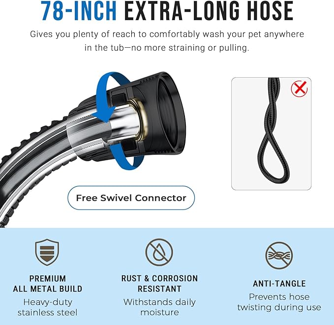 G-Promise Dog Shower Sprayer Attachment for Fast and Clean Pet Showering, Multifunctional Shower, Metal Diverter, 78 Inch Extra Long Hose, No Drill Hook, Dog Washing-Bathroom (Matte Black)