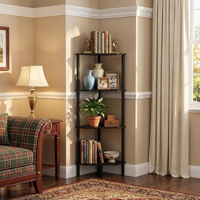 Corner Shelf Stand, 4 Tier Corner Bookshelf, Bamboo Storage Standing Shelf Unit, Tall Storage Plant Stand,Bookcase for Living Room, Home Office, Bedroom, Kitchen, Black