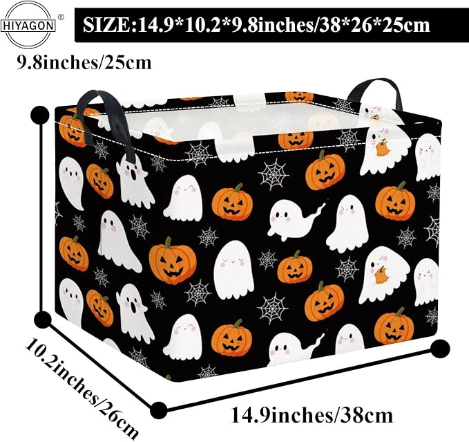 Rectangular Halloween Basket for Boys and Girls Kids Trick or Treat Pumpkin Basket for Halloween Parties Cute Storage Bin Organizer Box Room Decor(Spider Web Ghost)