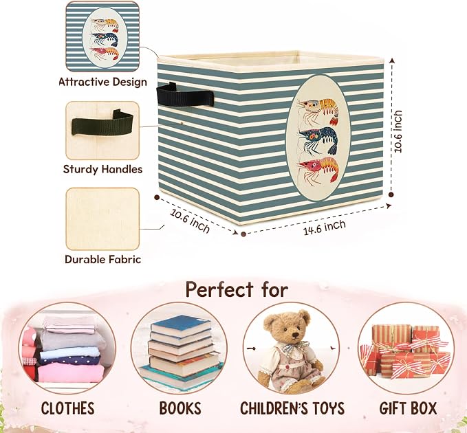 Shrimp Storage Bin, Nautical Ocean Blue Stripe Fabric Basket | Foldable shrimp fabric organizer for nursery, bedroom, bathroom, toys, books, and clothes