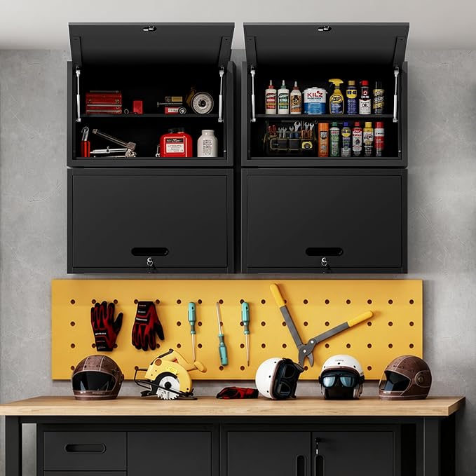 Metal Wall Cabinet with 1 Up-flip Door and 1 Adjustable Shelf | Black Heavy Duty Garage Wall Mounted Storage Cabinets,Tool Cabinets for Garage,Kitchen,Warehouse,Office,Assembly Required