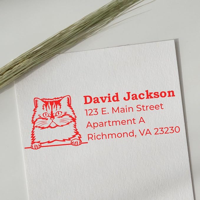 Persian Cat Custom Return Address Stamp for Graduation Announcements & Wedding Invitations | Personalized Self-Inking Name & Address Stamper | Handcrafted Feline Design for Mail Labels, 7/8 x 2-1/4
