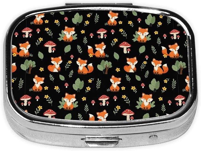 Pocket Pill Box Compact Metal Vitamin Organizer Leak-Proof Design Men Women Commute Essentials, Red Mushroom Green Leaves Flowers Floral Fox Black