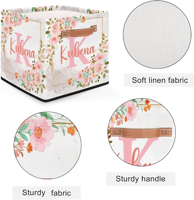 Personalized Name-Initial Pink Flower Storage Baskets for Girls Kids, Custom Portable Square Storage Bins with Handles Foldable Organizer for Clothes, Toys, Blanket, Towel,Pet 13”