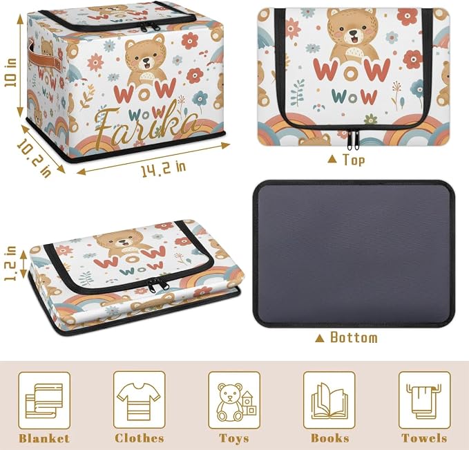 Custom Cute Bear Storage-Bin With Zipper Lid for Kids-Girls-Boys-Baby-Pet,Personalized Name Foldable Storage Box with Handle,Baby Basket With Label for Bedroom Nursery Toy Clothes,White