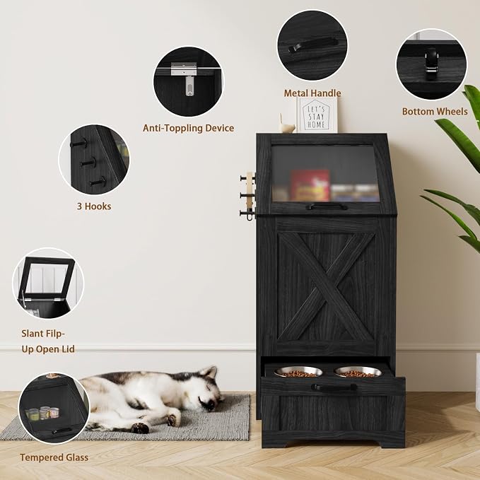Dog Feeding Station with Storage Cabinet & 2 Elevated Bowls,Black | All-in-one Pet Feeding Station: Sealed Food Bin + 2 Pull-out Elevated Bowls + Shelf + Side Hooks. Moisture-Proof.