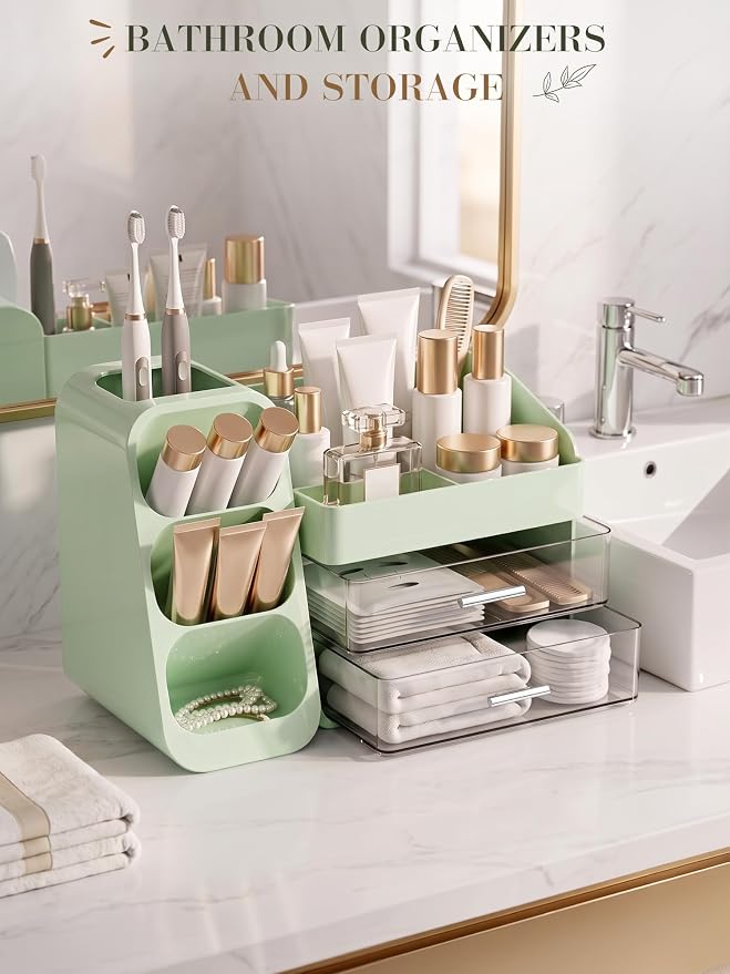 Large Makeup Organizer Countertop for Vanity Skincare Organizers Green | Cosmetic Organizer with Brush Holder and 2 Drawers, Beauty Makeup Storage for Lipsticks, Nail Polishes, Eyeshadow Palettes