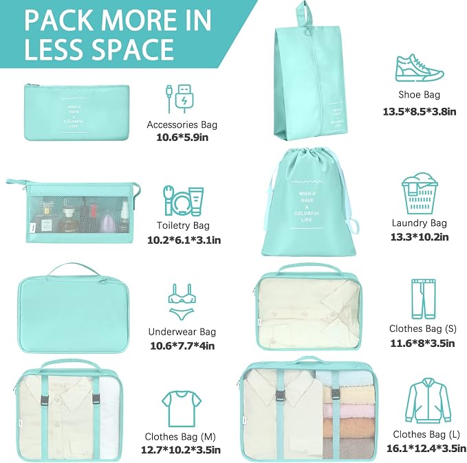 KPX 8 Set Packing Cubes for Travel, Luggage Packing Organizers Accessories Large Toiletries Bag for Clothes Shoes Cosmetics (Blue)