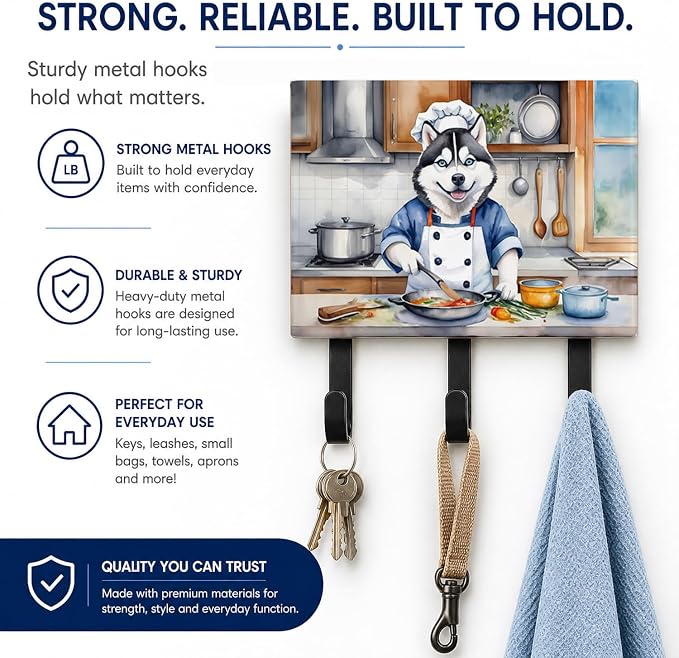 Caroline's Treasures Siberian Husky The Chef Leash or Key Holder Wall Hooks, Key Hooks Holder, Coat Rack Wall Mount, Coat Hooks, Hooks for Hanging Keys, Towels, Aprons, Leashes | Siberian Husky The Chef artwork on ceramic tile with three steel hooks fo...