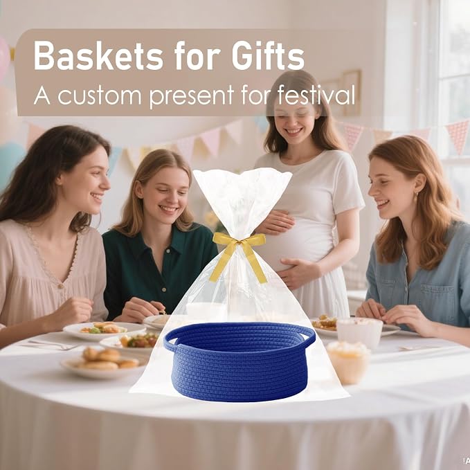 JMvicyroam Small Woven Basket, Empty Gift Basket, Navy Blue/1 Pack | Small Gift Basket, Cotton Rope, 12 x 8 x 27 in, Handles, Includes Ribbon and Bag, Birthday Gift Basket