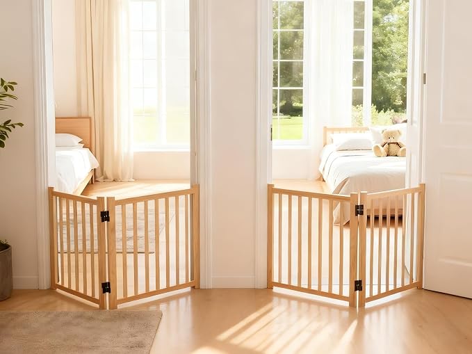 YOCAN Non-Painted Wooden Freestanding Dog Gates - 2 Panel H:23"(2PC) | Pet Gate for The House,Doorways, Stairs,Wood Dog Fences Indoor Pet Gate,Step Over Fence