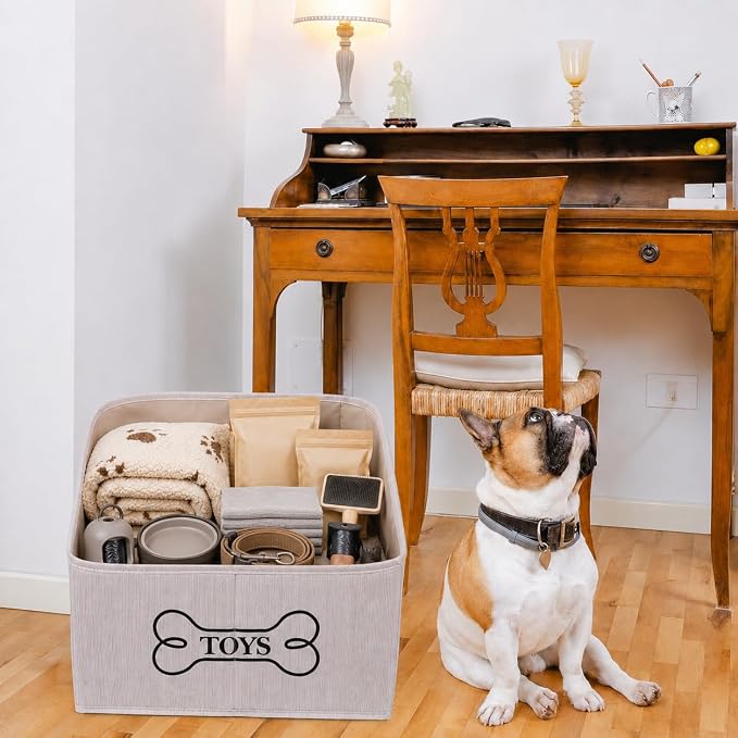 Large Dog Toy Storage Bin, Foldable Trapezoid Box with Handles | Canvas Fabric,Large Capacity, for Pet Supplies,Pet Toy Organizer Basket, Sturdy Metal Handles ,Easy Carry pet storage-Beige