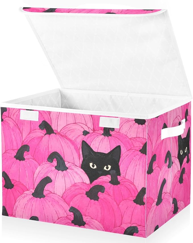 Fabric Storage Bins with Lid Pink Pumpkin Closet Storage Basket 40L | Decorative Storage Boxes, 300D Oxford Cloth, Hollow Board Frame, Flip Top Velcro Lid, 16.5x12.6x11.8 inch, Collapsible Design