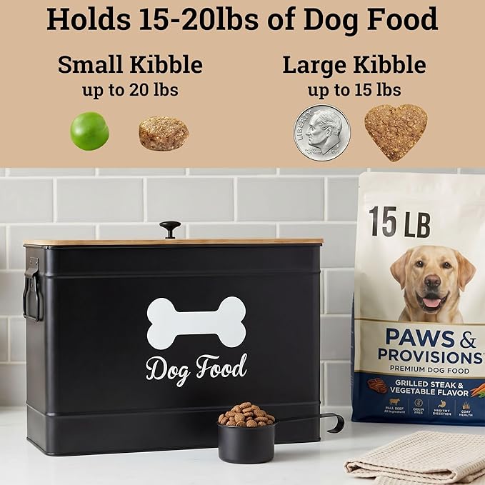 Metal Dog Food Container 15-20 lbs w/ Airtight Bamboo Lid, 70 Cup Capacity | Pet Jar For Dogs up to 100lbs, Airtight Bamboo Lid, Sturdy Comfortable Metal Handle, Powder Coated Iron, Kibble Storage Bin