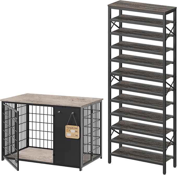 YATINEY Foldable Dog Crate Furniture and 12-Tier Tall Shoe Rack Organizer, Wooden Shoe Storage for Closet Holds 48 Pairs, Sturdy Shoe Shelf with X-Shaped Metal Support, for Entryway DC95BG-SS212BC