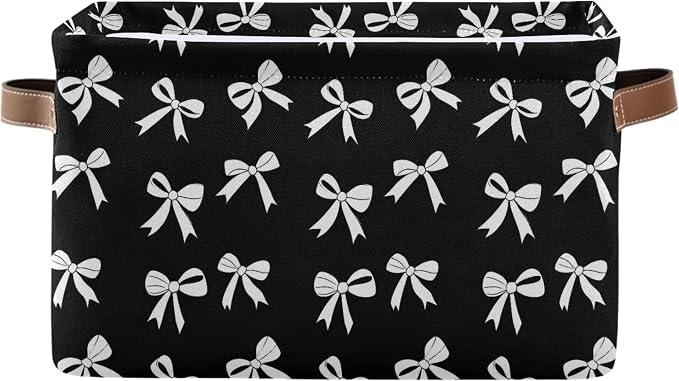 Wamika Black White Bow Storage Basket with Waterproof Liner and PU Handles Coquette Bowknot Storage Bins Boxes 14.2" Collapsible Decorative Organizer Baskets for Bedroom Closet Office 1 Pack