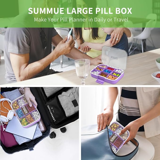 Large Pill Organizer, 9 Compartments Portable Travel Pill Box Case Moisture Proof, XL Pill Container Holder for Vitamins, Cod Liver Oil, Supplements, Medication (Purple)